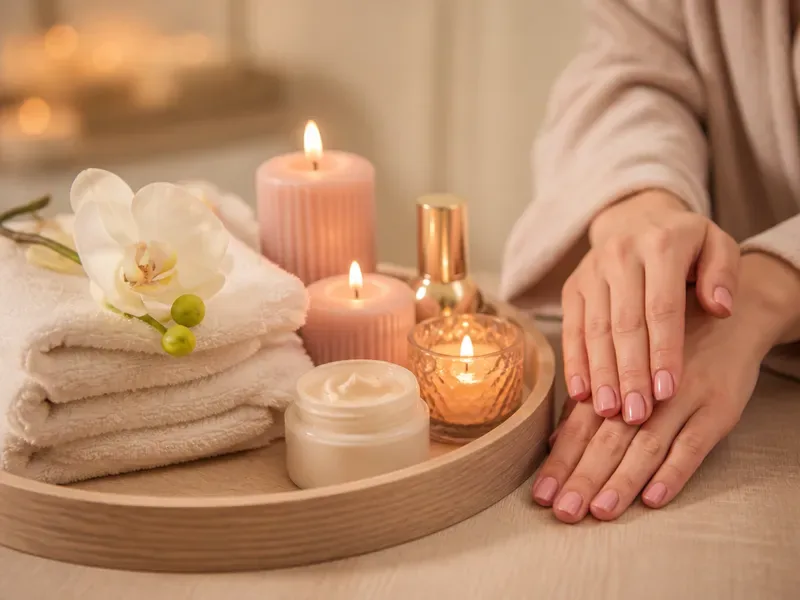 Bandeja de spa con orquídea, velas y manicura rosa nude