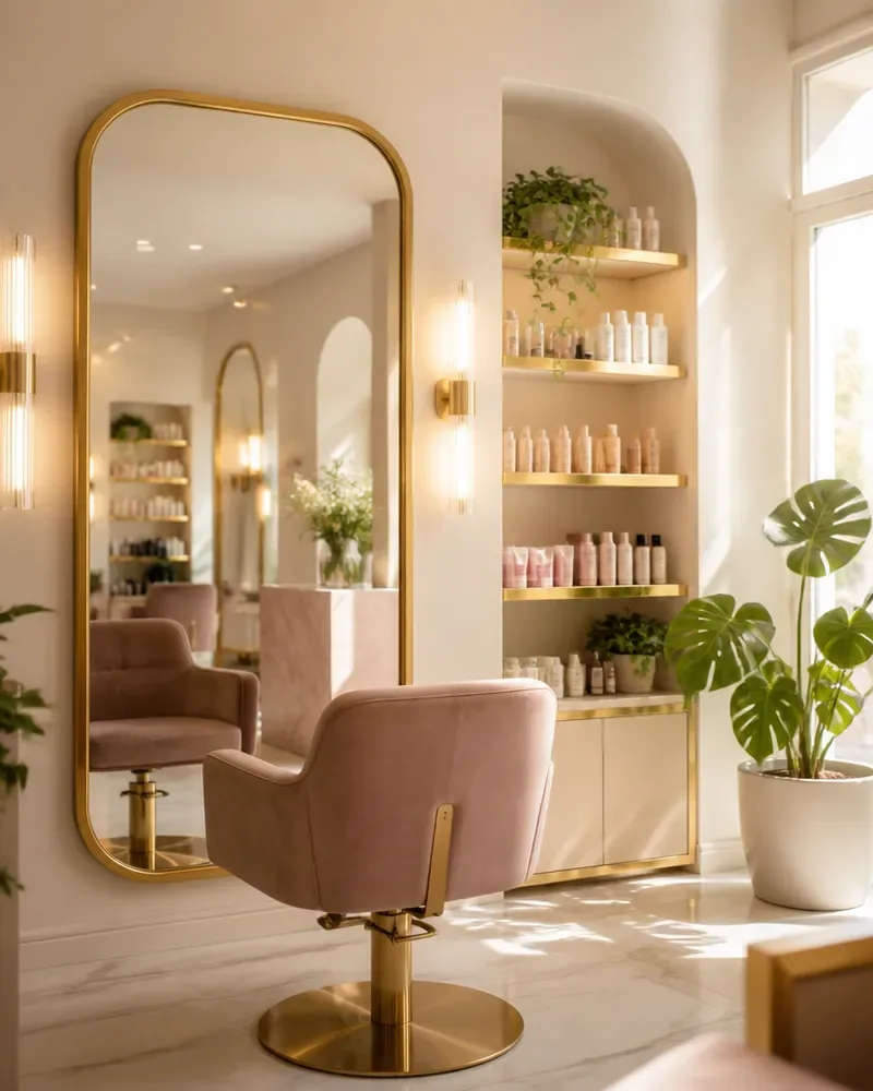 Interior de peluquería boutique en Montevideo con espejo de marco dorado y sillón rosa