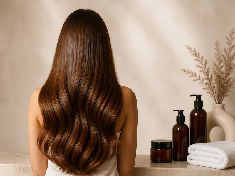 Cabello largo castaño brillante tras un tratamiento capilar, junto a productos de spa